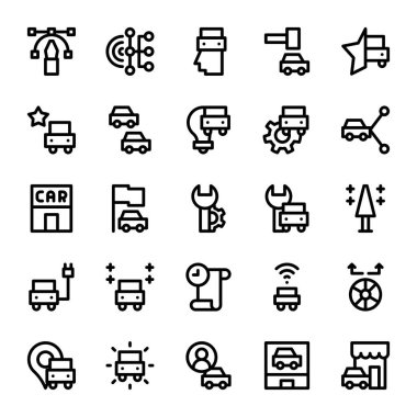 Otomotiv tamiri, depolama ve dağıtım ana hatları biçim simgesi ve illüstrasyon seti - vektör