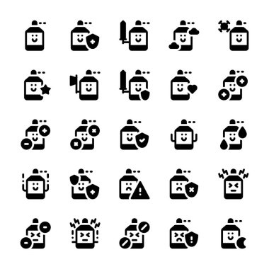 Sprey seti, el dezenfektanı sevimli karakter sembolü ve illüstrasyon - vektör