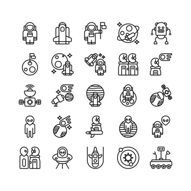 Astronot seti, kozmonot, astronomi, dış uzay ana hatları biçim simgesi ve illüstrasyon