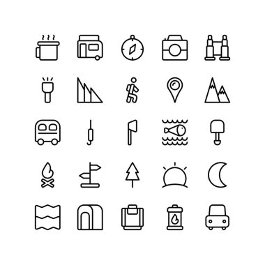 Set of summer camp outline style icon and illustratio