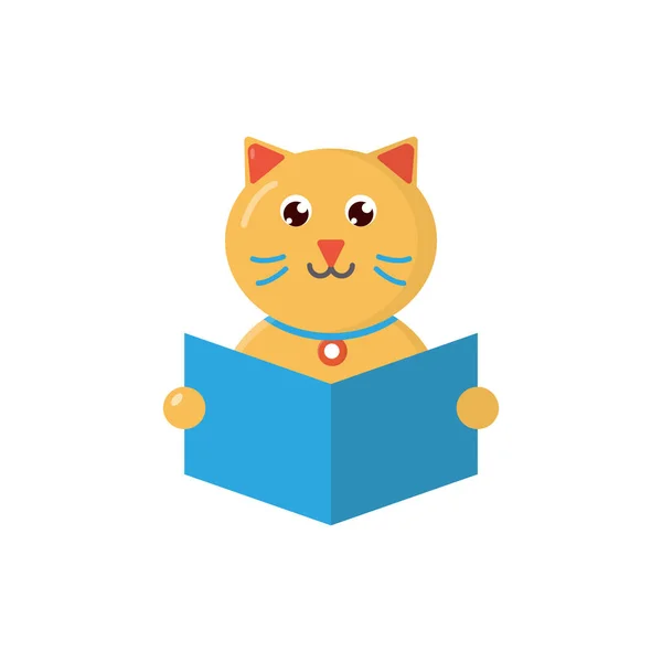 Cute Cartoon Little Cat Study Reading Book Studying Icon Logo — 스톡 벡터