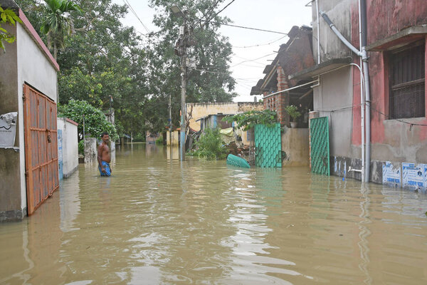 Burdwan Town, Purba Bardhaman District, West Bengal / India - 31.07.2021: Several areas of Burdwan town have been inundated by heavy rains and Banka rivulet water.