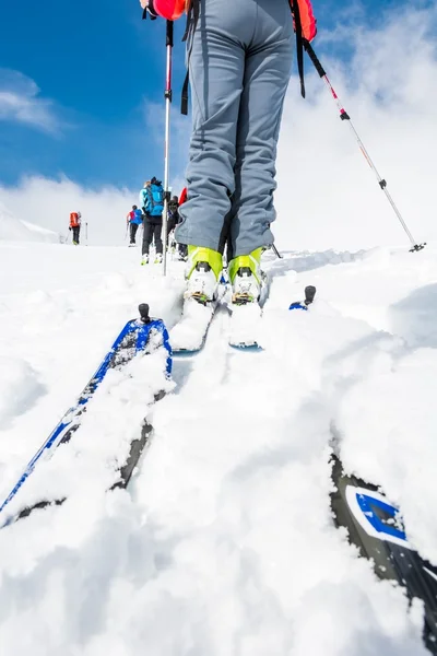 Groupe de skieurs vu du niveau du sol . — Photo