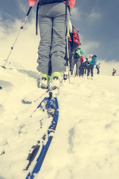 Gruppe von Skifahrern vom Boden aus gesehen. — Stockfoto