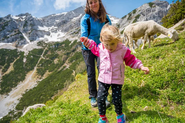 Chica activa explorando pastos de montaña con su madre. — Foto de Stock