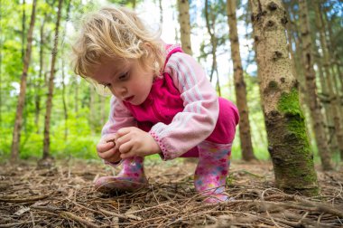Düşen yapraklara ve iğnelere bakan sevimli sarışın..