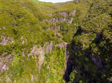 Volkanik duvarlar ve ormanlarla çevrili çifte şelale manzarası.