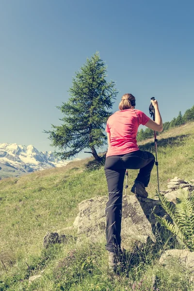 Hiker sträcker sig på en sten. — Stockfoto