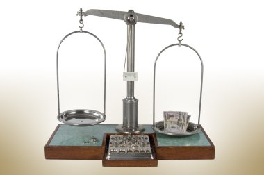 Eski stil eczane terazisi boş pan ve para