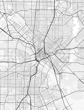 Dallas şehri haritası. Baskı, duvar kâğıdı, ev ve ofis dekorasyonu için minimalist siyah beyaz çizgili sanat posteri