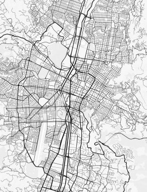 Medellin Şehir Haritası. Baskı, duvar kâğıdı, ev ve ofis dekorasyonu için minimalist siyah beyaz çizgili sanat posteri