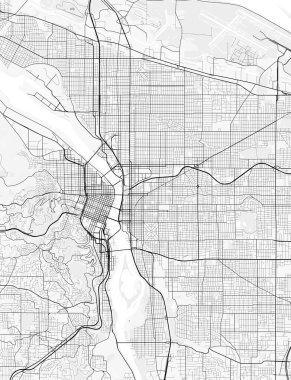 Portland Şehir Haritası. Baskı, duvar kâğıdı, ev ve ofis dekorasyonu için minimalist siyah beyaz çizgili sanat posteri