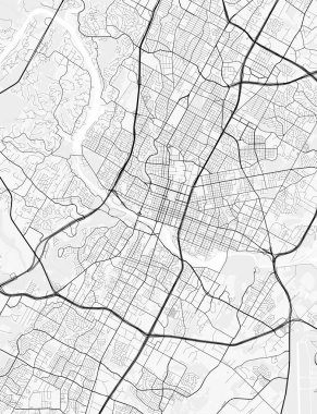 Austin Şehir Haritası. Baskı, duvar kâğıdı, ev ve ofis dekorasyonu için minimalist siyah beyaz çizgili sanat posteri