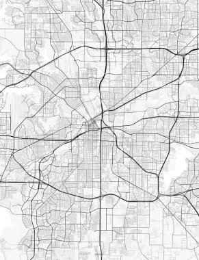 Fort Worth Şehir Haritası. Ev ve ofis dekorasyonu için minimalist siyah-beyaz çizgili resim posteri, duvar kağıdı, duvar sanatı ve harita kaynakları