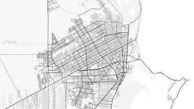 Cancun Şehir Haritası. Ev ve ofis dekorasyonu için minimalist siyah-beyaz çizgili resim posteri, duvar kağıdı, duvar sanatı ve harita kaynakları