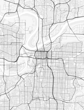 Kansas City Haritası. Baskı, duvar kâğıdı, ev ve ofis dekorasyonu için minimalist siyah beyaz çizgili sanat posteri