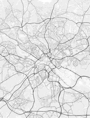Leeds Şehir Haritası. Ev ve ofis dekorasyonu için minimalist siyah-beyaz çizgili resim posteri, duvar kağıdı, duvar sanatı ve harita kaynakları
