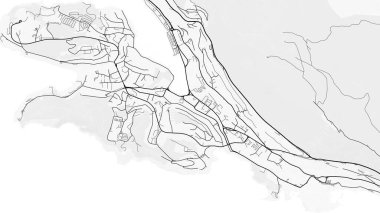 Dubrovnik Şehir Haritası. Ev ve ofis dekorasyonu için minimalist siyah-beyaz çizgili resim posteri, duvar kağıdı, duvar sanatı ve harita kaynakları