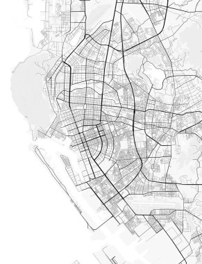 Kaohsiung Şehir Haritası. Ev ve ofis dekorasyonu için minimalist siyah-beyaz çizgili resim posteri, duvar kağıdı, duvar sanatı ve harita kaynakları