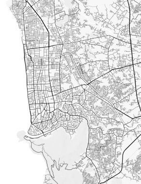 Padang Şehir Haritası. Ev ve ofis dekorasyonu için minimalist siyah-beyaz çizgili resim posteri, duvar kağıdı, duvar sanatı ve harita kaynakları