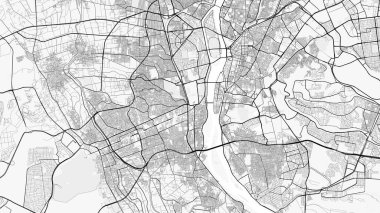 Giza Şehir Haritası. Ev ve ofis dekorasyonu için minimalist siyah-beyaz çizgili resim posteri, duvar kağıdı, duvar sanatı ve harita kaynakları