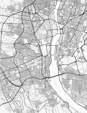 Giza Şehir Haritası. Ev ve ofis dekorasyonu için minimalist siyah-beyaz çizgili resim posteri, duvar kağıdı, duvar sanatı ve harita kaynakları