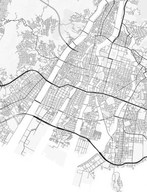 Hiroşima Şehir Haritası. Ev ve ofis dekorasyonu için minimalist siyah-beyaz çizgili resim posteri, duvar kağıdı, duvar sanatı ve harita kaynakları