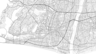 Hamamatsu Şehir Haritası. Ev ve ofis dekorasyonu için minimalist siyah-beyaz çizgili resim posteri, duvar kağıdı, duvar sanatı ve harita kaynakları