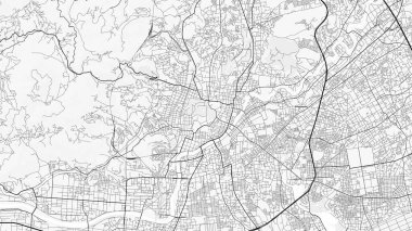 Kumamoto Şehir Haritası. Ev ve ofis dekorasyonu için minimalist siyah-beyaz çizgili resim posteri, duvar kağıdı, duvar sanatı ve harita kaynakları