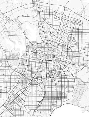 Hefei Şehir Haritası. Ev ve ofis dekorasyonu için minimalist siyah-beyaz çizgili resim posteri, duvar kağıdı, duvar sanatı ve harita kaynakları