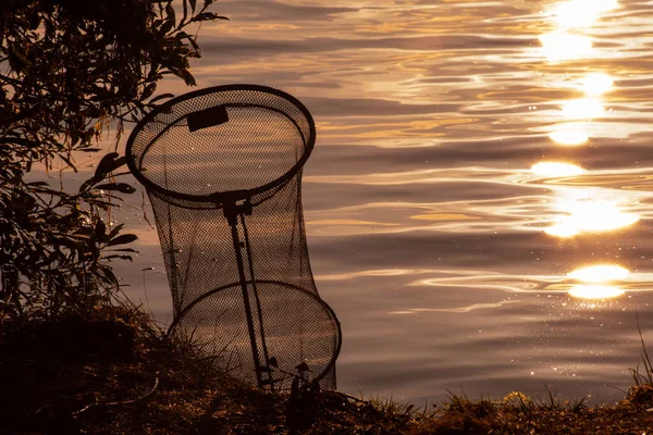 Red Pesca Orilla Del Lago Luz Mañana — Foto de Stock