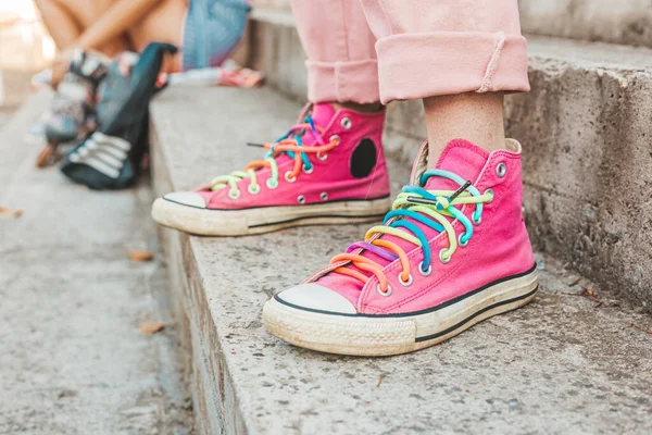 Close Female Legs Pink Sneakers Skate Board — Stock Photo, Image