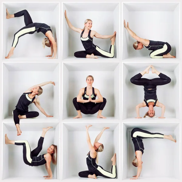 Combinación Fotos Una Joven Rubia Haciendo Varias Poses Yoga Dentro —  Fotos de Stock