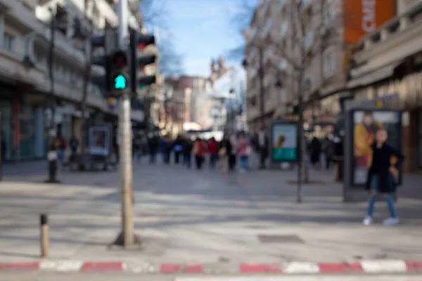 Blurred Photo Group People Walking Urban Area Green Semaphore Light — Stock Photo, Image