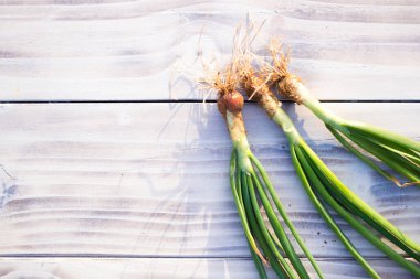 Tahta masada taze taze taze soğan. Sağlıklı, organik gıda konsepti