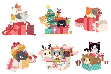 Düz vektör tarzında hediye kutusu çalan sevimli kedi koleksiyonu. Grafik, içerik, afiş, etiket ve tebrik kartı için Noel hakkında grafiksel kaynak.