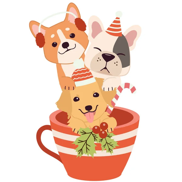 クリスマスをテーマにしたカップの中の可愛い犬や友達のキャラクター グリーティングカード バナー ポスター コンテンツ ステッカーのイラスト — ストックベクタ