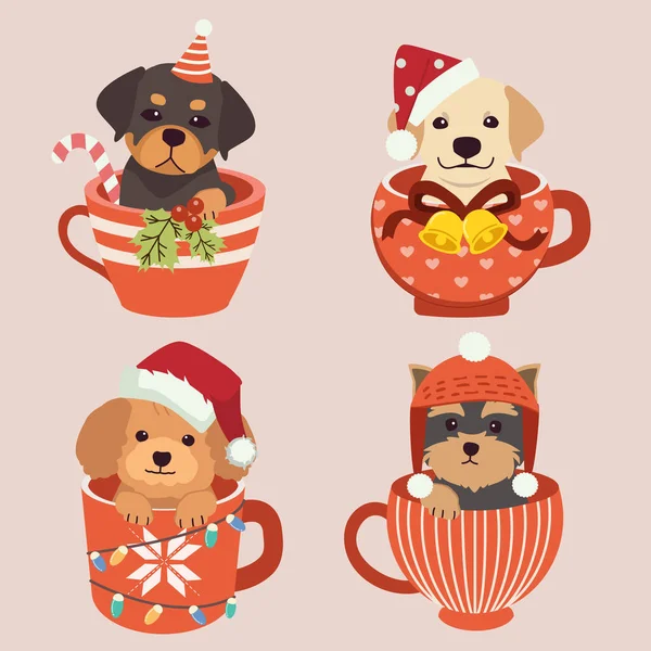 Collection Cute Dog Sitting Mup Cup Withh Christmas Party Theme — Archivo Imágenes Vectoriales