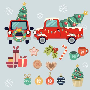 Düz vektör tarzında parti için noel kamyonu ve element koleksiyonu. Arkaplan, grafik, içerik, pankart, etiket ve tebrik kartı için Noel ve tatil hakkında grafik kaynak.