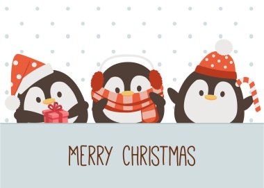 Sevimli penguen karakteri düz vektör tarzında bir Noel kostümü giyer. Pankart, poster, içerik, grafik için illüstrasyon.