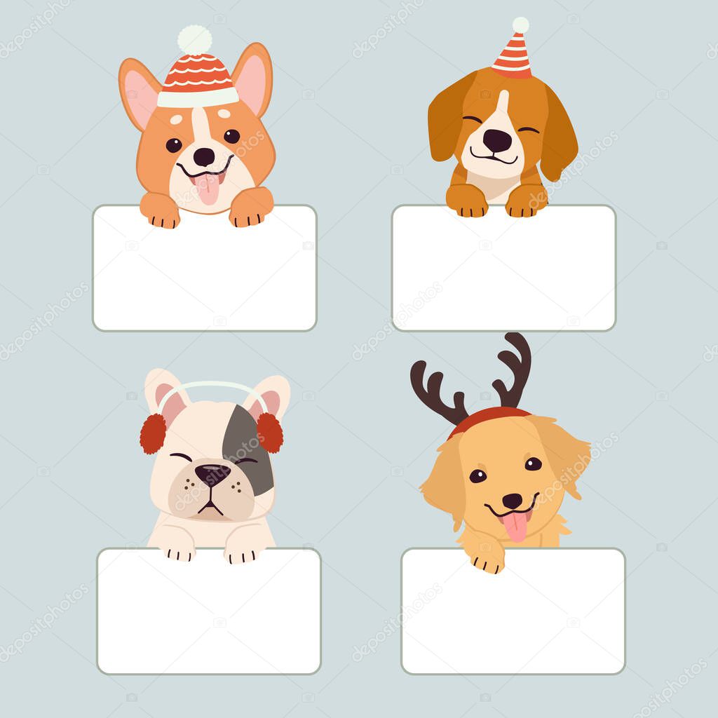 The collection of cute dog with the white label in flat vector style.