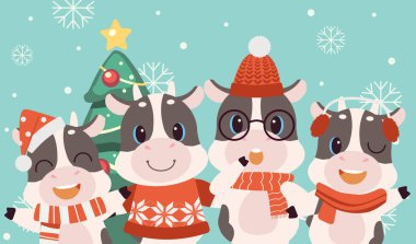 The character of cute cow and friends or family with christmas t