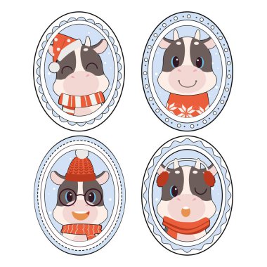 Şirin inek koleksiyonu düz vektör biçiminde bir noel kostümü giyer. Grafiksel kaynak, grafik, içerik, afiş, etiket ve tebrik kartı.