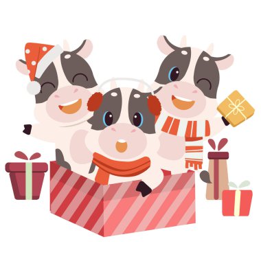 Noel hediye kutusunda oturan düz vektör stili şirin inek karakteri. Grafik, içerik ve tebrik kartı için tatil hakkında illüstrasyon.