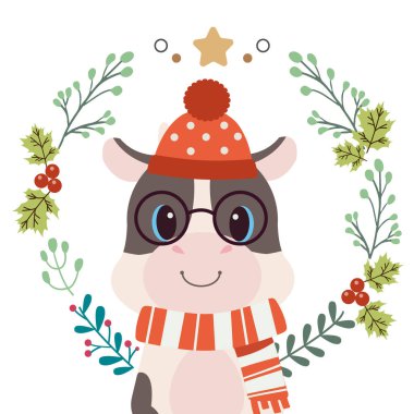 Düz vektör şeklinde Noel çelengi olan şirin inek karakteri. İçerik, grafik ve tebrik kartı için Noel ve tatil hakkında illüstrasyon.