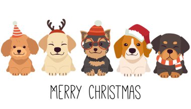 Şirin köpek karakteri yassı vektör tarzında bir Noel kostümü giyer.