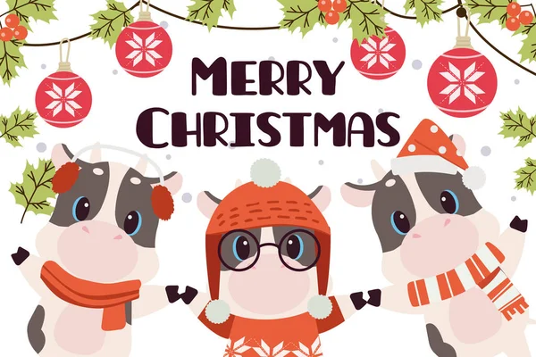 かわいい牛や友達のキャラクターは 平らなベクトルスタイルでクリスマスの衣装を着ています コンテンツ グラフィック ステッカーラベル グリーティングカードのクリスマスと休日のイラスト — ストックベクタ