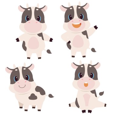 Düz vektör biçiminde şirin inek koleksiyonu. Grafik, içerik, pankart, çıkartma için inek hakkında grafiksel kaynak