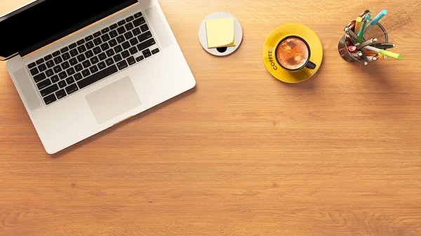 Laptop and coffee with pencil box and post it on desk top view — Stock Photo, Image