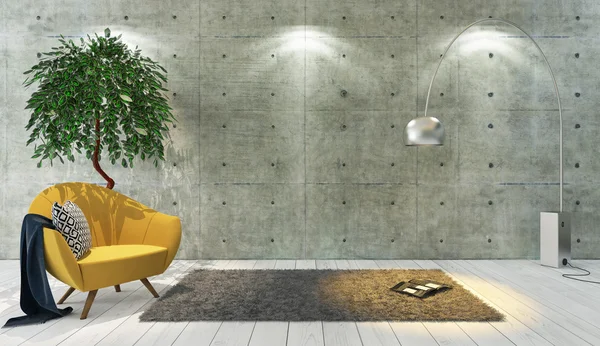 Decoración de estilo loft de pared de hormigón con asiento único amarillo, backgrou — Foto de Stock